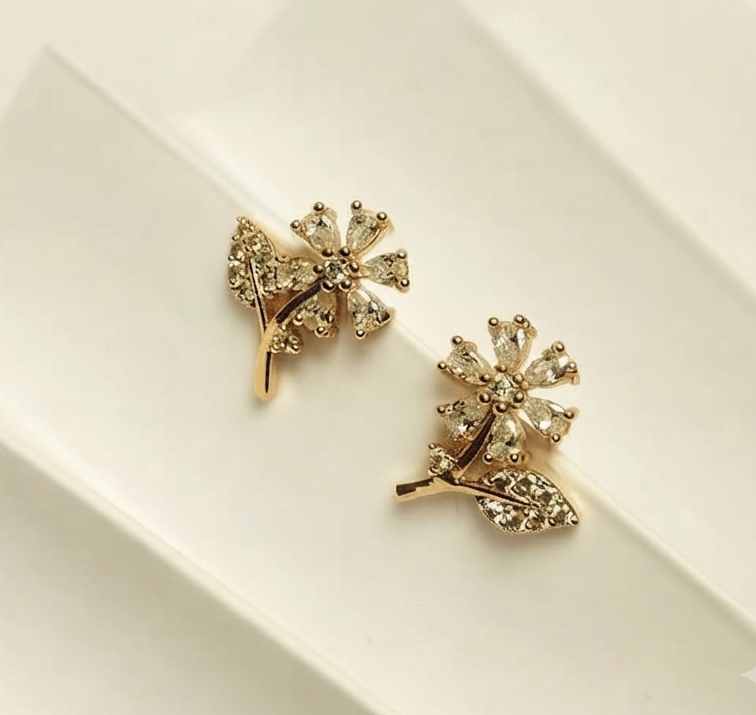 Golden Crystal Blossom Stud Earrings